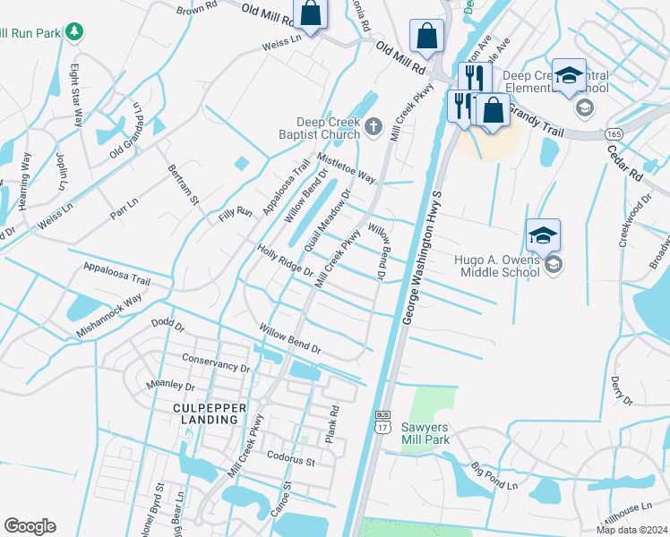 map of restaurants, bars, coffee shops, grocery stores, and more near 3125 White Tail Court in Chesapeake