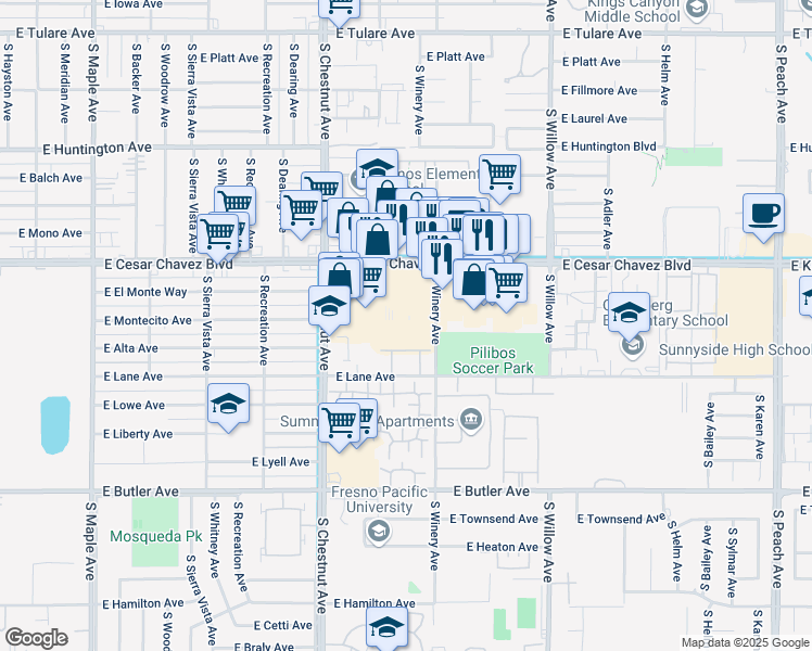 map of restaurants, bars, coffee shops, grocery stores, and more near 4864 East Kings Canyon Road in Fresno