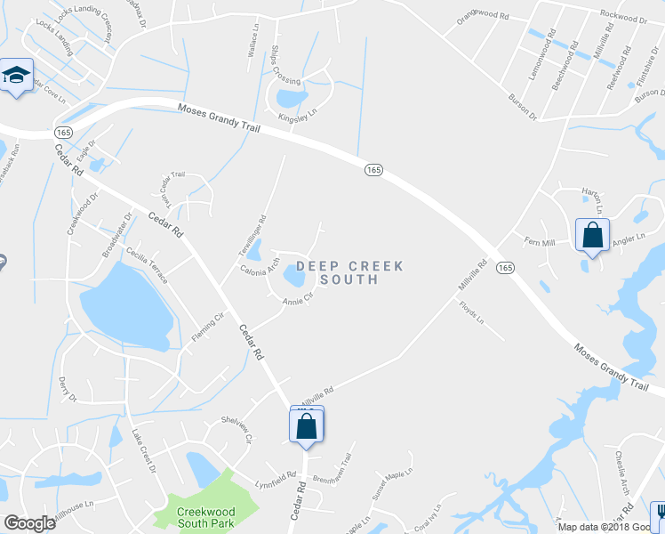map of restaurants, bars, coffee shops, grocery stores, and more near 2425 Annie Circle in Chesapeake