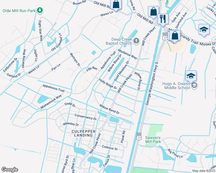 map of restaurants, bars, coffee shops, grocery stores, and more near 3232 White Cedar Drive in Chesapeake