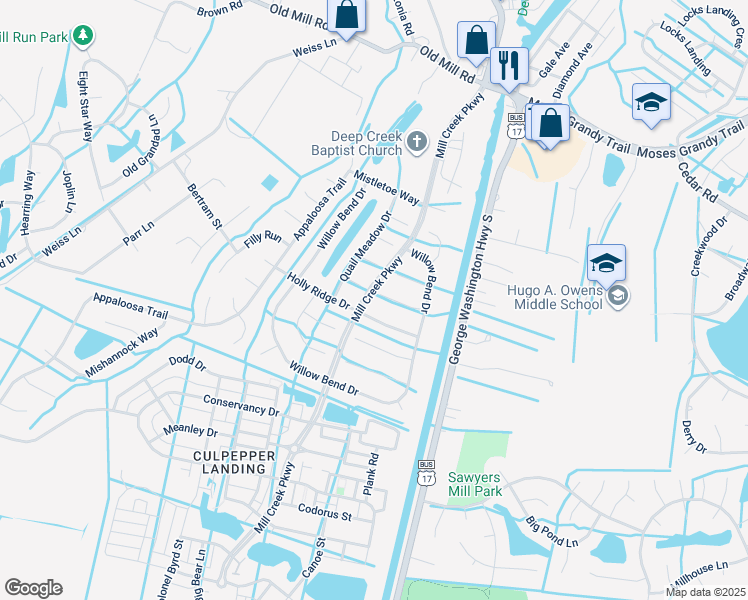 map of restaurants, bars, coffee shops, grocery stores, and more near 3125 White Tail Court in Chesapeake