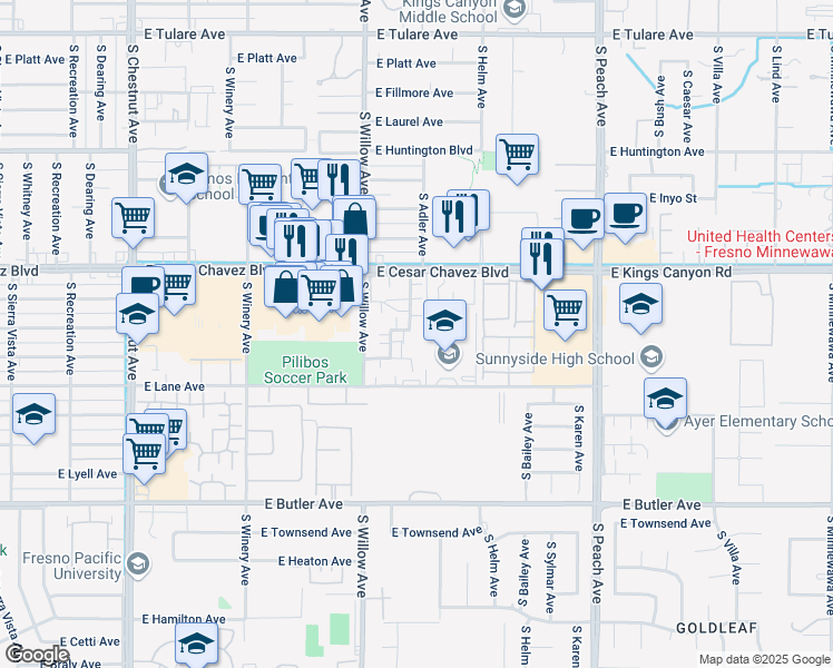 map of restaurants, bars, coffee shops, grocery stores, and more near 5045 East Alta Avenue in Fresno