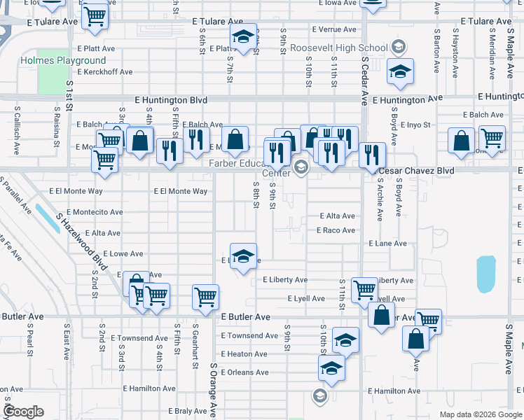 map of restaurants, bars, coffee shops, grocery stores, and more near 927 South 9th Street in Fresno
