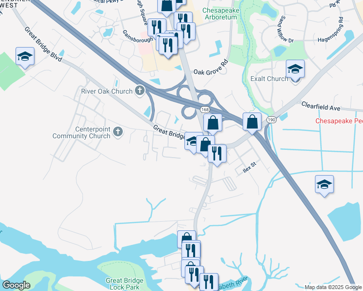 map of restaurants, bars, coffee shops, grocery stores, and more near 472 North Battlefield Boulevard in Chesapeake