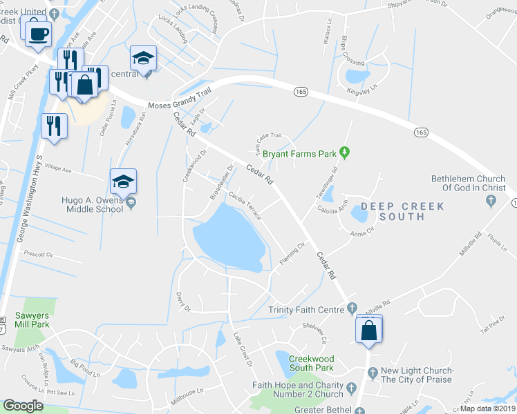 map of restaurants, bars, coffee shops, grocery stores, and more near 2624 Cecilia Terrace in Chesapeake