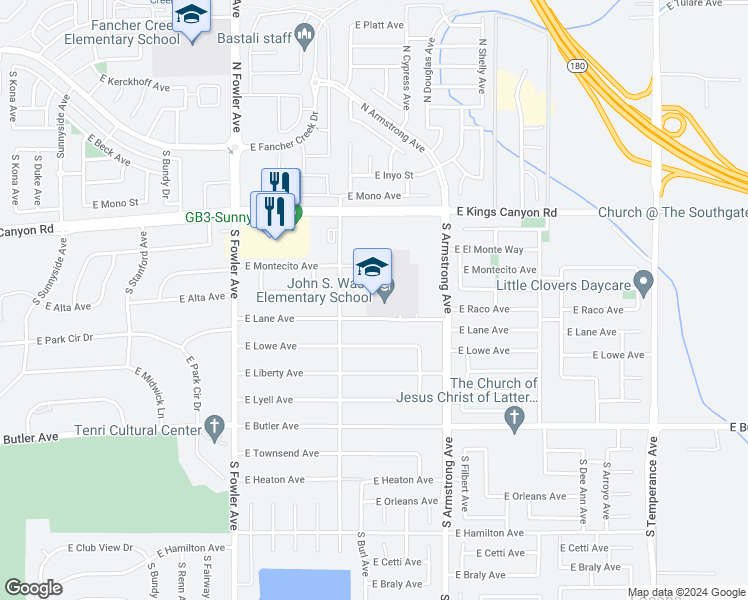 map of restaurants, bars, coffee shops, grocery stores, and more near 6350 East Lane Avenue in Fresno