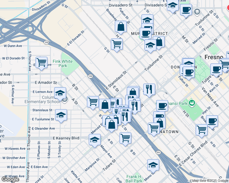 map of restaurants, bars, coffee shops, grocery stores, and more near 1352 Tuolumne Street in Fresno