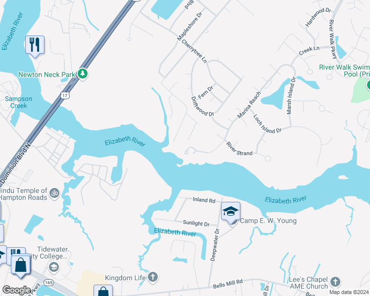 map of restaurants, bars, coffee shops, grocery stores, and more near 110 Marina Reach in Chesapeake