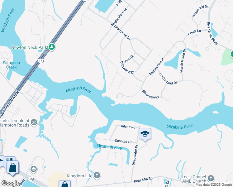 map of restaurants, bars, coffee shops, grocery stores, and more near 110 Marina Reach in Chesapeake