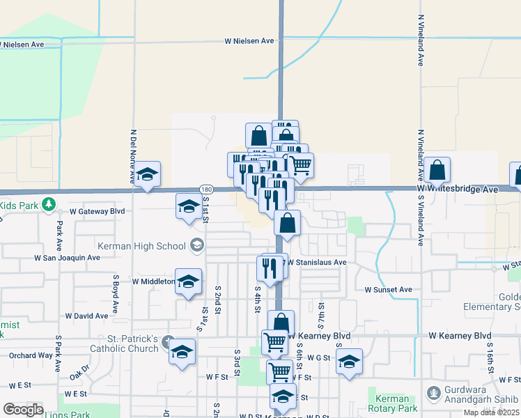 map of restaurants, bars, coffee shops, grocery stores, and more near 15051 West Whitesbridge Avenue in Kerman