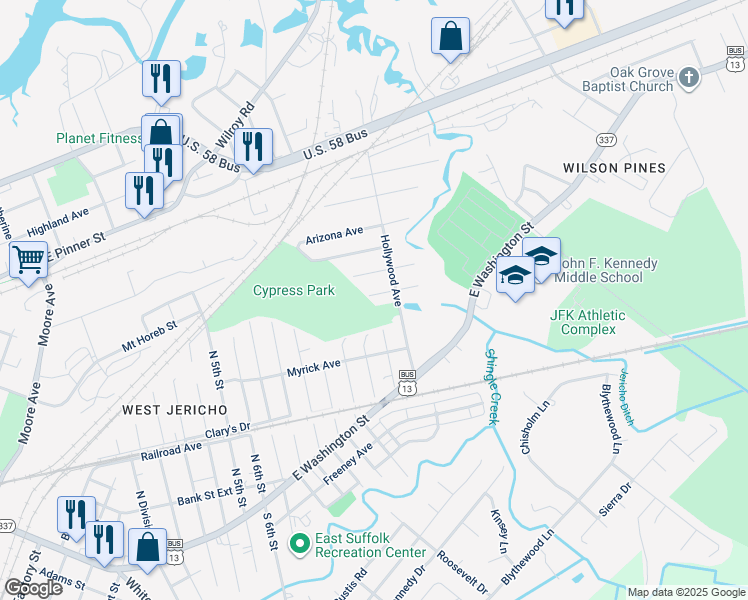 map of restaurants, bars, coffee shops, grocery stores, and more near 2101 Vermont Avenue in Suffolk