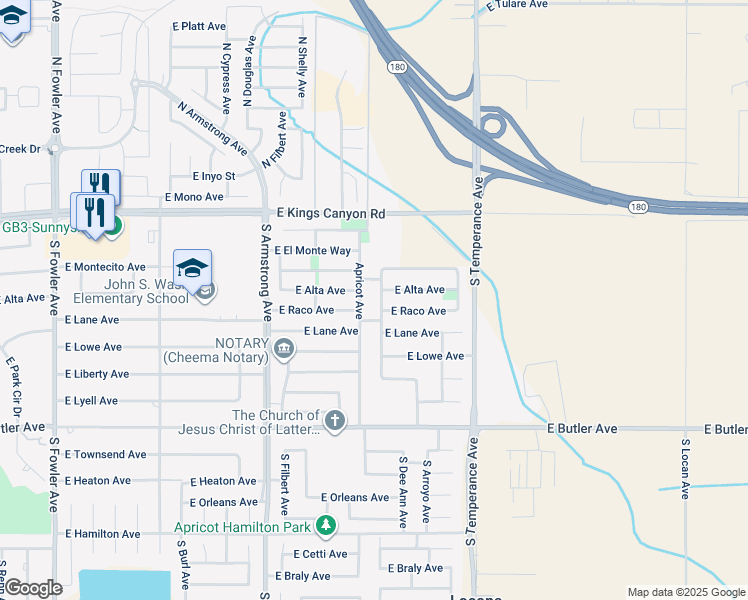 map of restaurants, bars, coffee shops, grocery stores, and more near 191 South McKelvey Avenue in Fresno