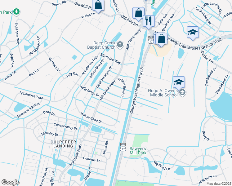map of restaurants, bars, coffee shops, grocery stores, and more near 3108 White Tail Court in Chesapeake