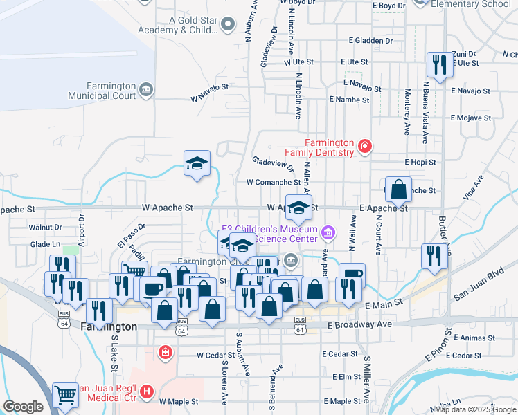 map of restaurants, bars, coffee shops, grocery stores, and more near 493 West Apache Street in Farmington