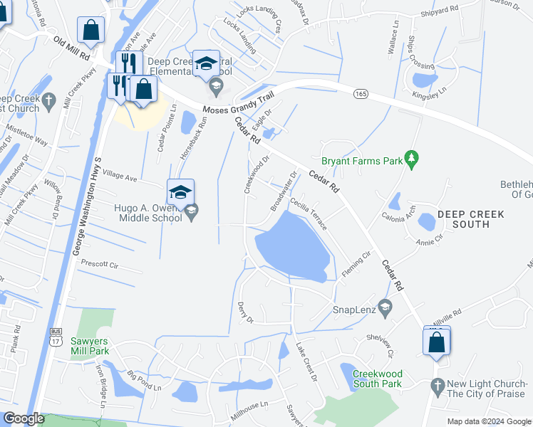 map of restaurants, bars, coffee shops, grocery stores, and more near 408 Broadwater Drive in Chesapeake