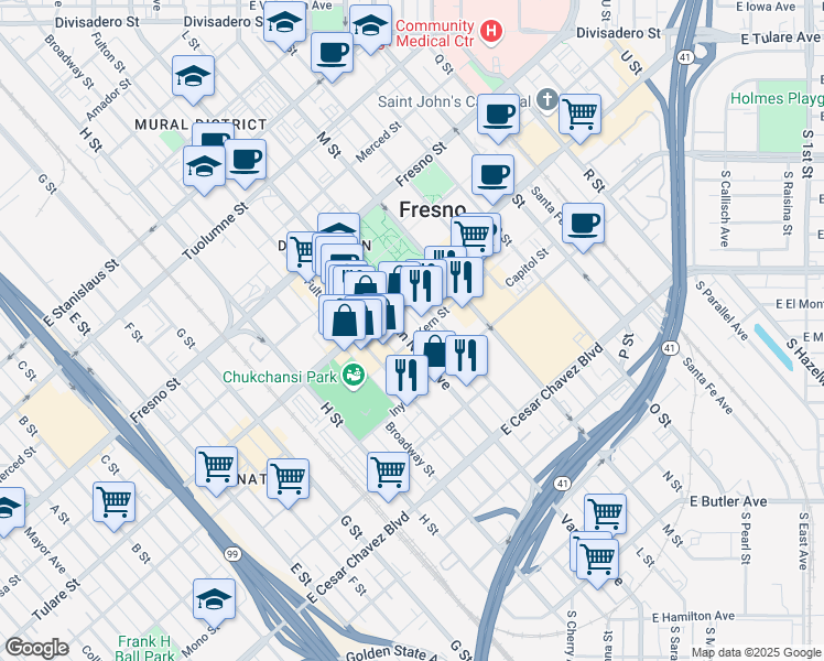 map of restaurants, bars, coffee shops, grocery stores, and more near 901 Van Ness Avenue in Fresno