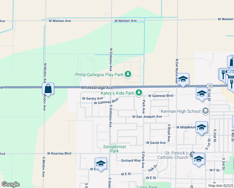 map of restaurants, bars, coffee shops, grocery stores, and more near 95 South Siskiyou Avenue in Kerman