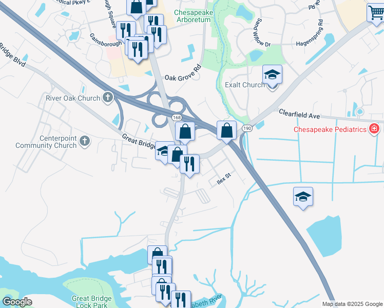map of restaurants, bars, coffee shops, grocery stores, and more near 115 Kempsville Road in Chesapeake