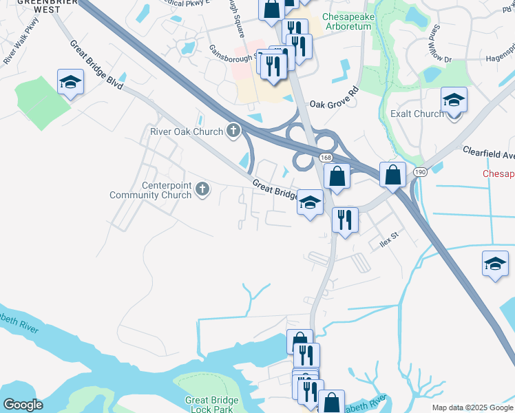 map of restaurants, bars, coffee shops, grocery stores, and more near 408 Nicholas Court in Chesapeake