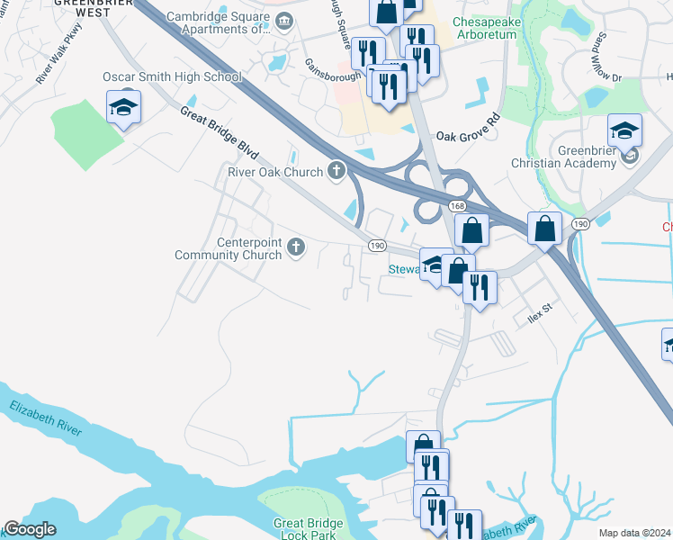 map of restaurants, bars, coffee shops, grocery stores, and more near 241 Saint Lukes Church Road in Chesapeake