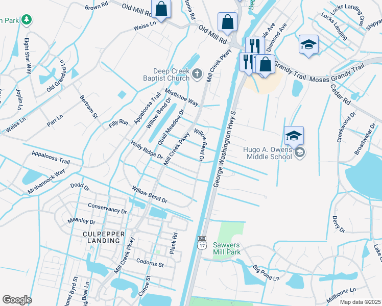 map of restaurants, bars, coffee shops, grocery stores, and more near 3108 White Tail Court in Chesapeake