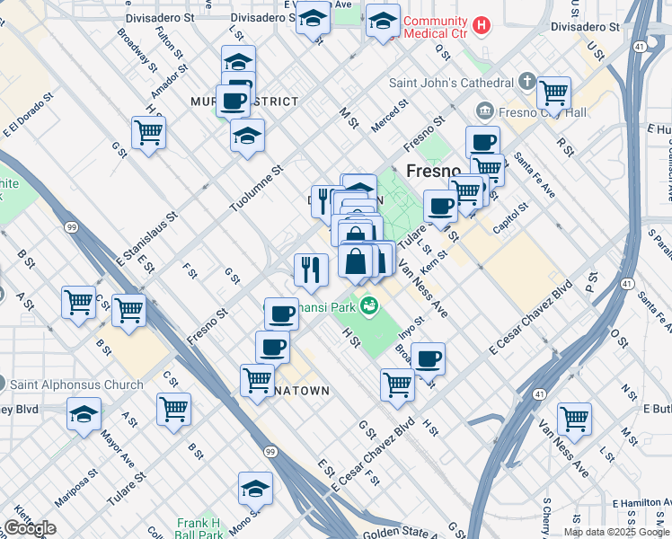 map of restaurants, bars, coffee shops, grocery stores, and more near 1919 Tulare Street in Fresno