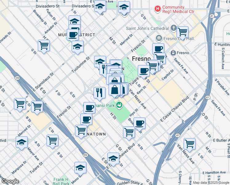 map of restaurants, bars, coffee shops, grocery stores, and more near 1017 Fulton Street in Fresno
