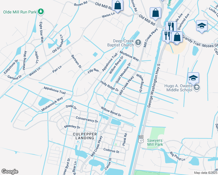 map of restaurants, bars, coffee shops, grocery stores, and more near 3232 White Cedar Drive in Chesapeake