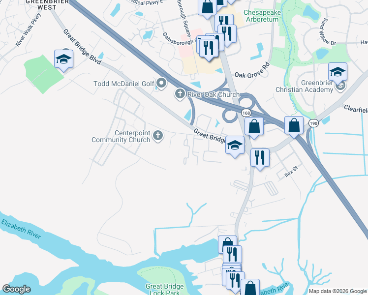 map of restaurants, bars, coffee shops, grocery stores, and more near 420 Acorn Grove Lane in Chesapeake