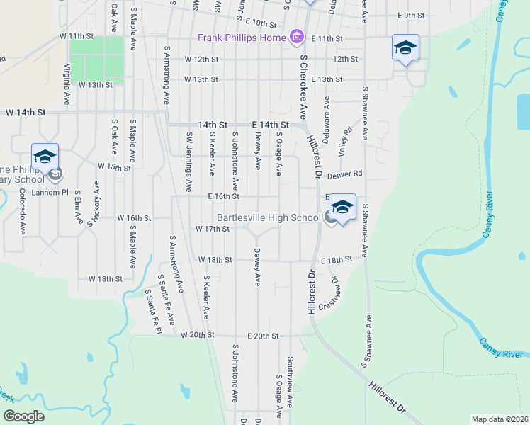 map of restaurants, bars, coffee shops, grocery stores, and more near 202 East 17th Street in Bartlesville