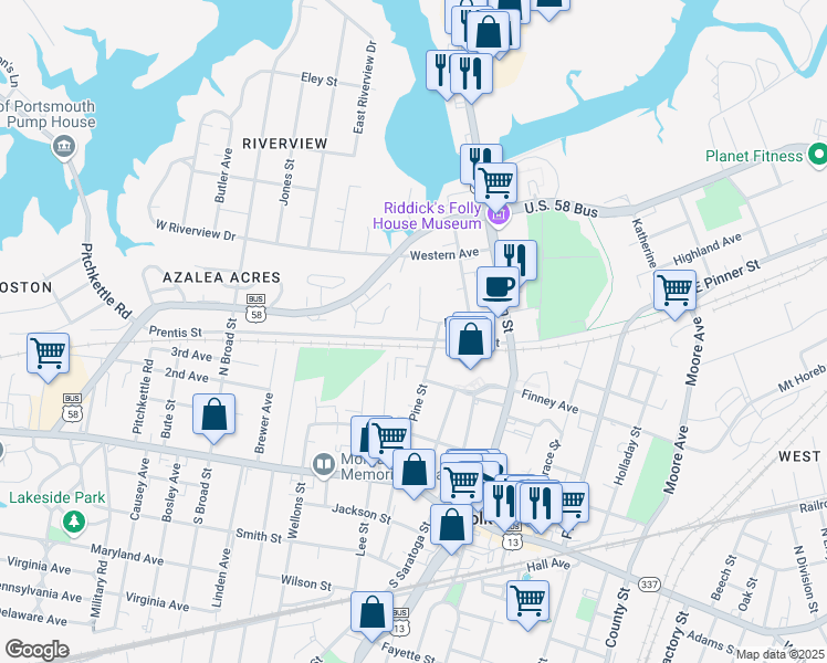 map of restaurants, bars, coffee shops, grocery stores, and more near 101 Day Street in Suffolk