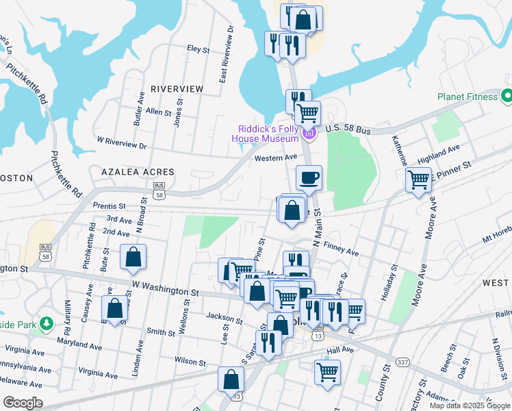 map of restaurants, bars, coffee shops, grocery stores, and more near 101 Day Street in Suffolk