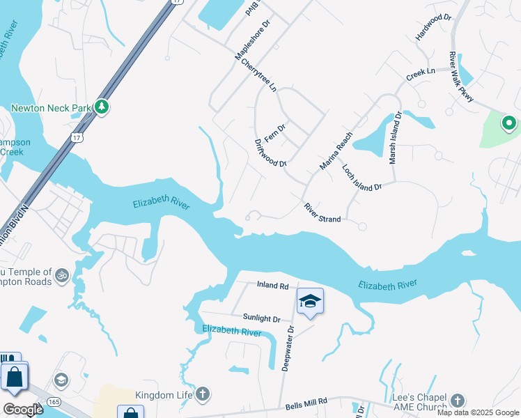 map of restaurants, bars, coffee shops, grocery stores, and more near 122 Marina Reach in Chesapeake