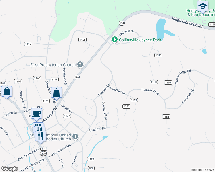 map of restaurants, bars, coffee shops, grocery stores, and more near County Road 1118 in Collinsville