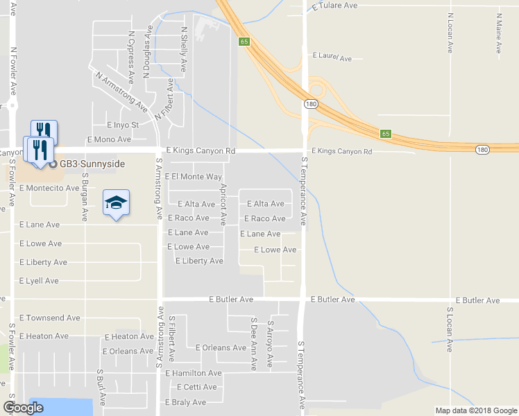 map of restaurants, bars, coffee shops, grocery stores, and more near 6833 East Alta Avenue in Fresno