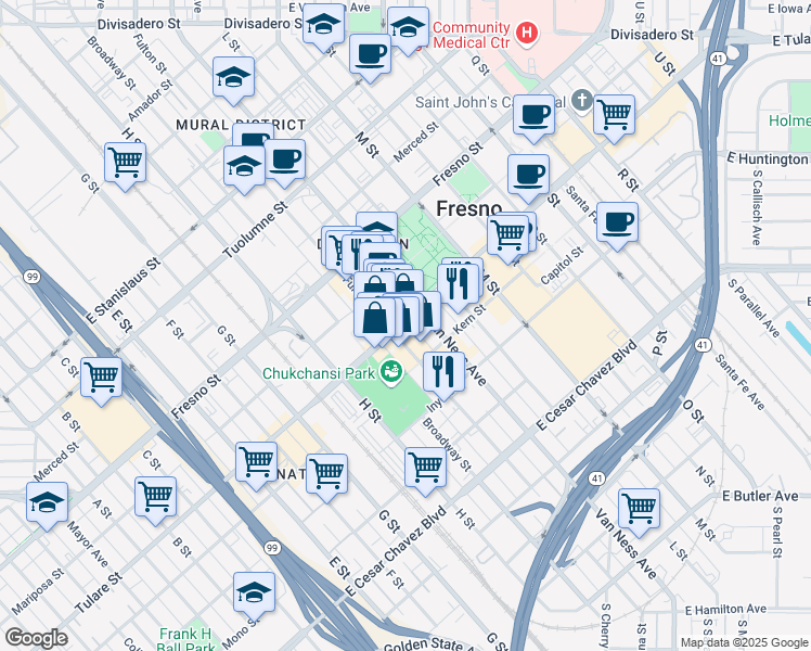 map of restaurants, bars, coffee shops, grocery stores, and more near 959 Fulton Street in Fresno