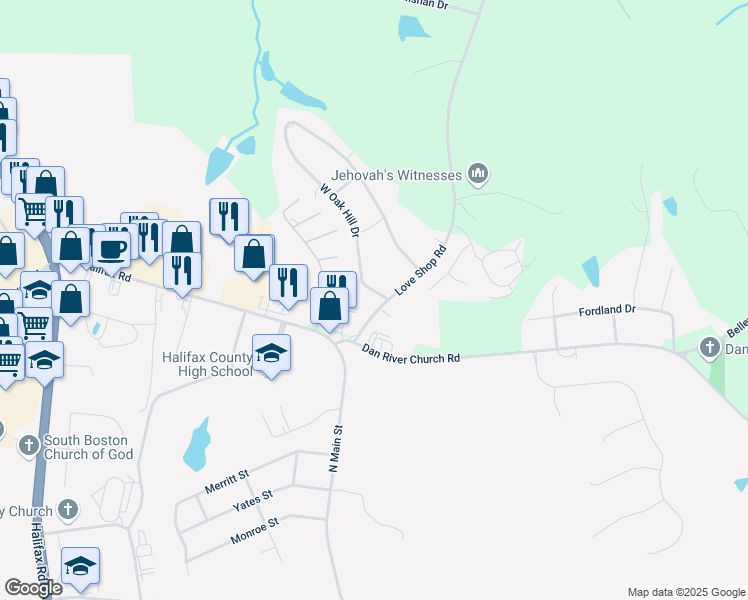 map of restaurants, bars, coffee shops, grocery stores, and more near 2247 Love Shop Road in Halifax
