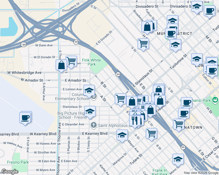 map of restaurants, bars, coffee shops, grocery stores, and more near 1624 B Street in Fresno