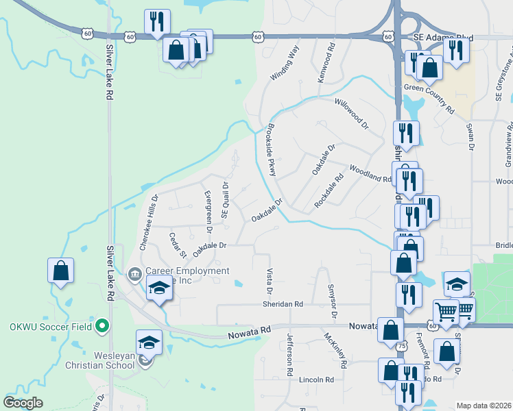 map of restaurants, bars, coffee shops, grocery stores, and more near 1436 Oakdale Drive in Bartlesville