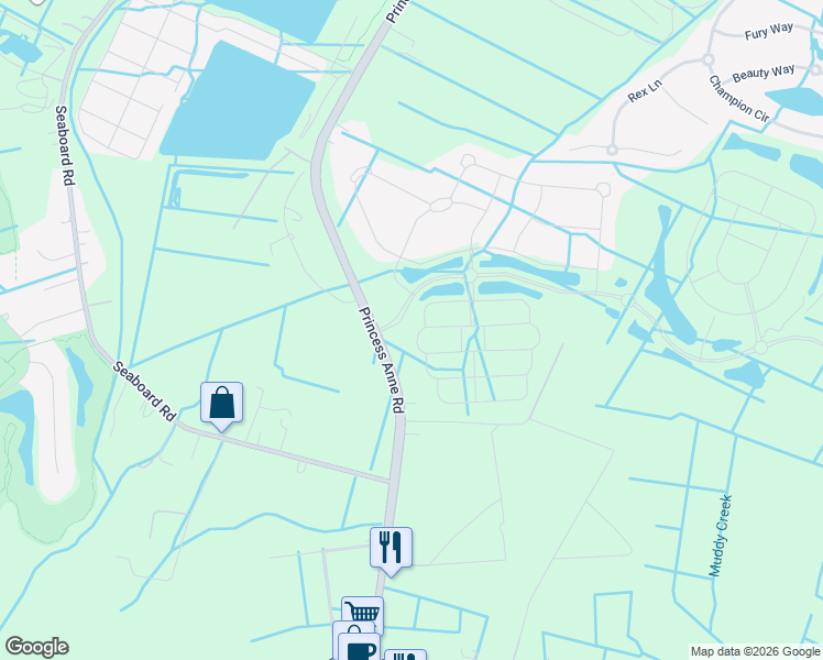 map of restaurants, bars, coffee shops, grocery stores, and more near 2036 Grandon Loop Road in Virginia Beach