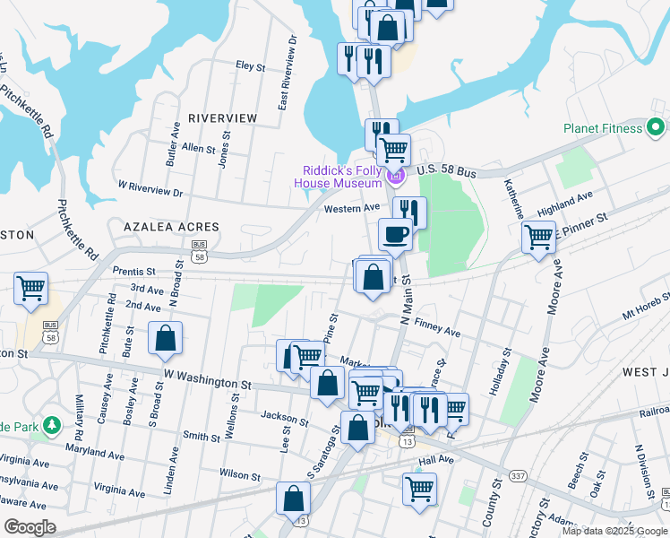 map of restaurants, bars, coffee shops, grocery stores, and more near 104 Day Street in Suffolk