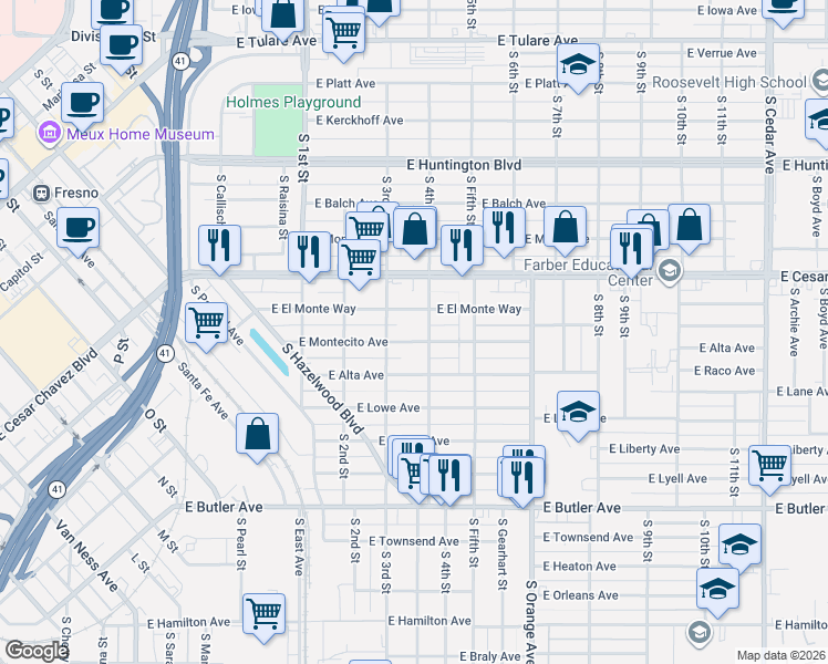 map of restaurants, bars, coffee shops, grocery stores, and more near 3404 East Montecito Avenue in Fresno