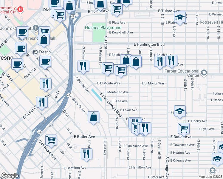 map of restaurants, bars, coffee shops, grocery stores, and more near 3120 East Montecito Avenue in Fresno