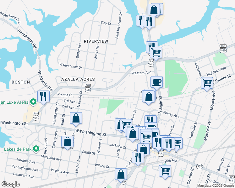 map of restaurants, bars, coffee shops, grocery stores, and more near 247 Chestnut Street in Suffolk