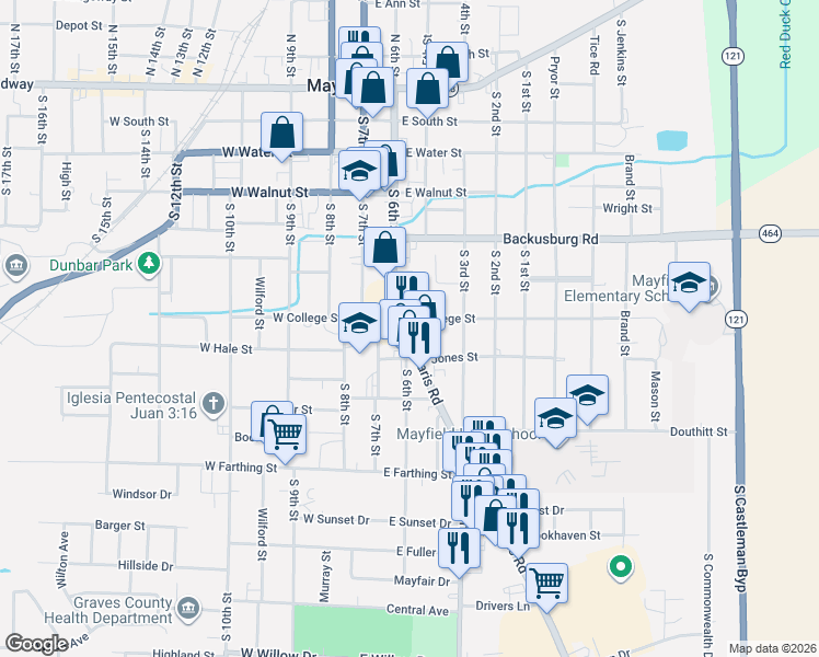 map of restaurants, bars, coffee shops, grocery stores, and more near 742 Paris Road in Mayfield