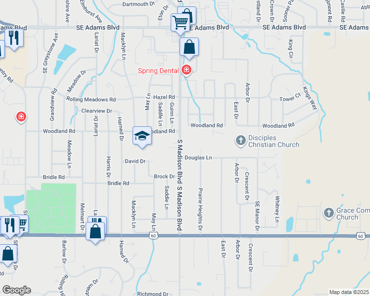map of restaurants, bars, coffee shops, grocery stores, and more near 1351 South Madison Boulevard in Bartlesville