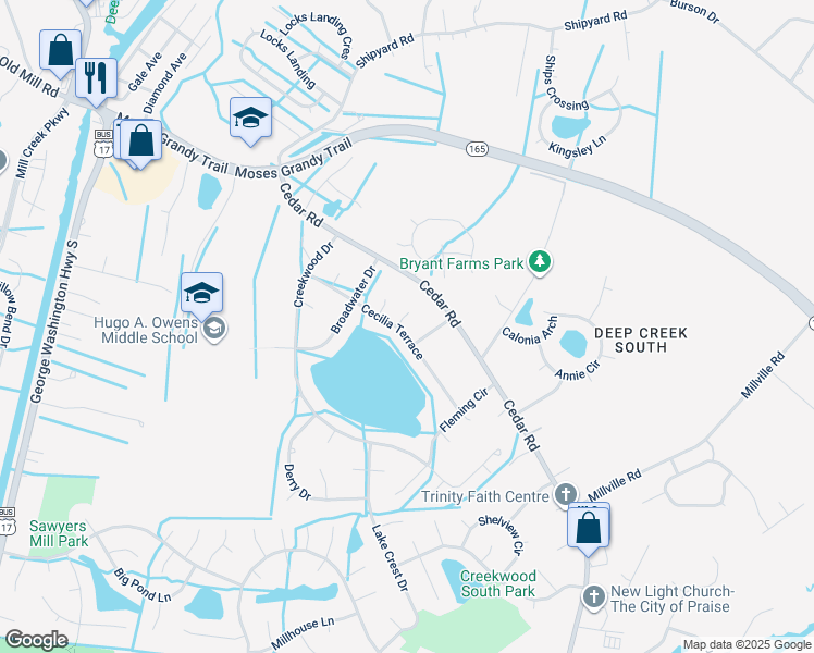 map of restaurants, bars, coffee shops, grocery stores, and more near 2626 Cecilia Terrace in Chesapeake