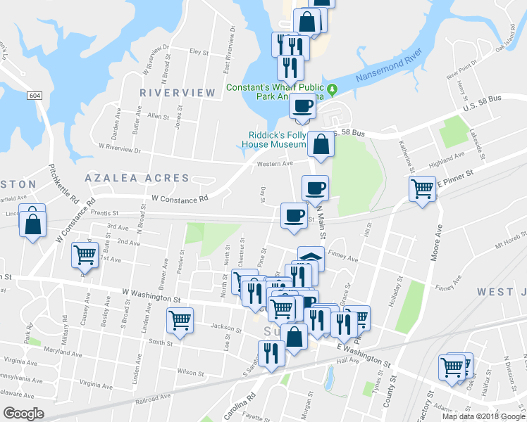 map of restaurants, bars, coffee shops, grocery stores, and more near 104 Day Street in Suffolk