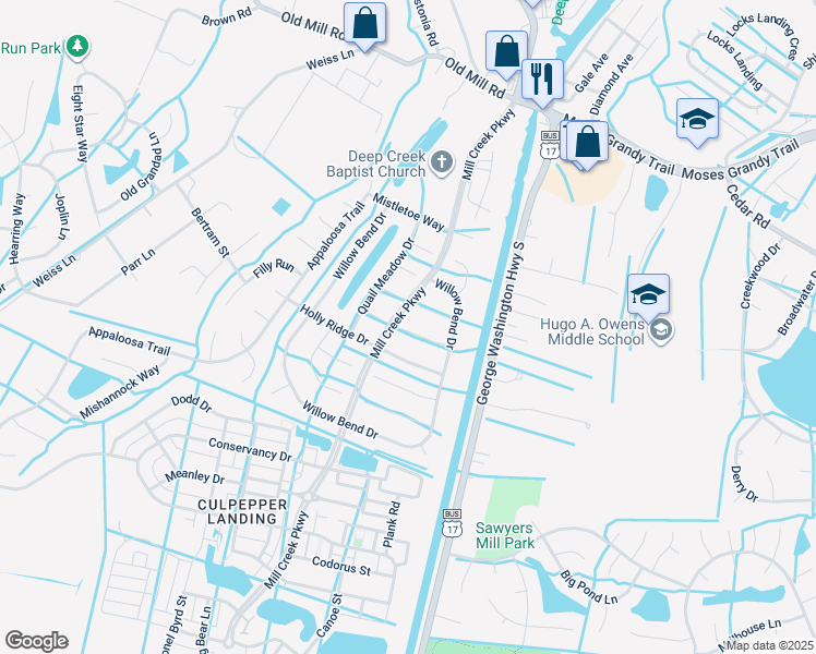 map of restaurants, bars, coffee shops, grocery stores, and more near 3124 White Tail Court in Chesapeake