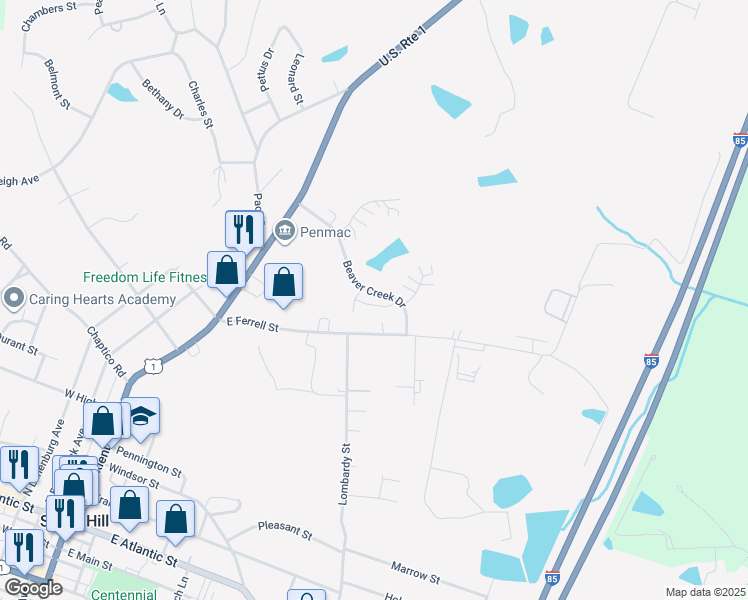 map of restaurants, bars, coffee shops, grocery stores, and more near 262 Beaver Creek Drive in South Hill